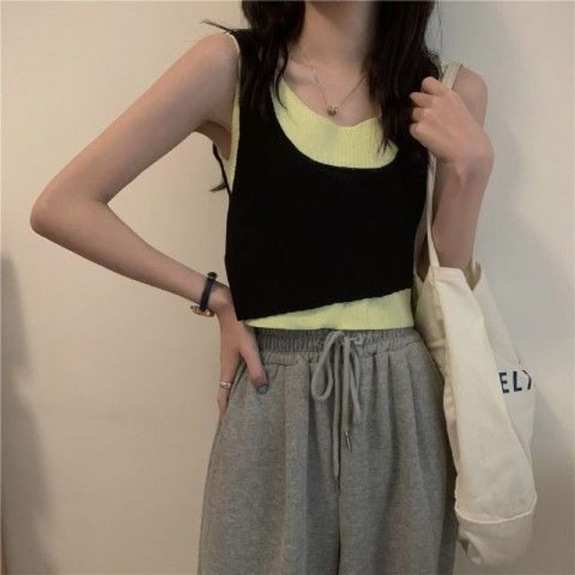 Scoop Neck Mock Two Piece Knit Tank Top