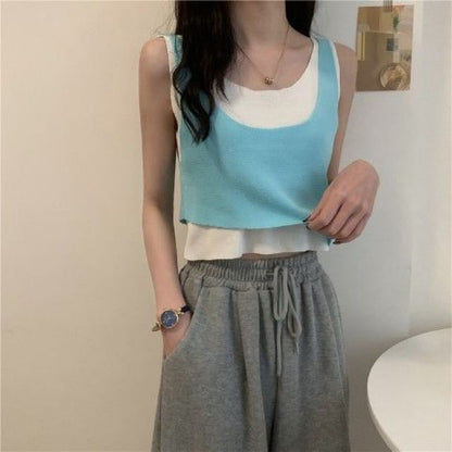 Scoop Neck Mock Two Piece Knit Tank Top