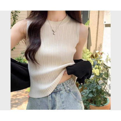 Neck Plain Crew Top Knit Tank Ribbed