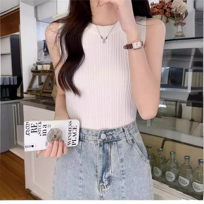 Neck Plain Crew Top Knit Tank Ribbed