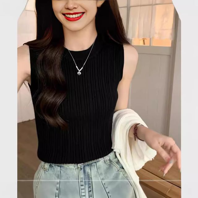 Neck Plain Crew Top Knit Tank Ribbed