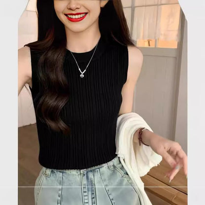 Neck Plain Crew Top Knit Tank Ribbed