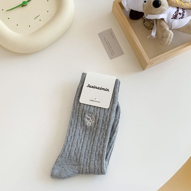 Letter Embroidered Cable Knit Socks / Set