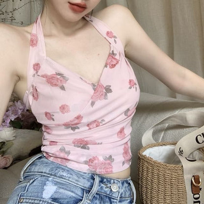 Halter Neck Floral Print Crop Top / Plain Cardigan