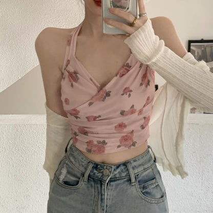 Halter Neck Floral Print Crop Top / Plain Cardigan