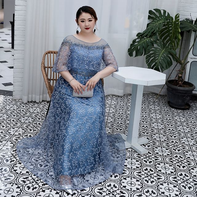 Evening Size Gown A-Line Elbow-Sleeve Floral Plus Mesh