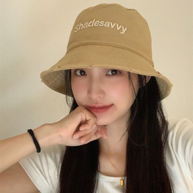 Lettering Embroidered Distressed Bucket Hat