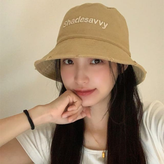 Lettering Embroidered Distressed Bucket Hat