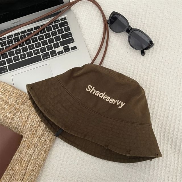 Lettering Embroidered Distressed Bucket Hat