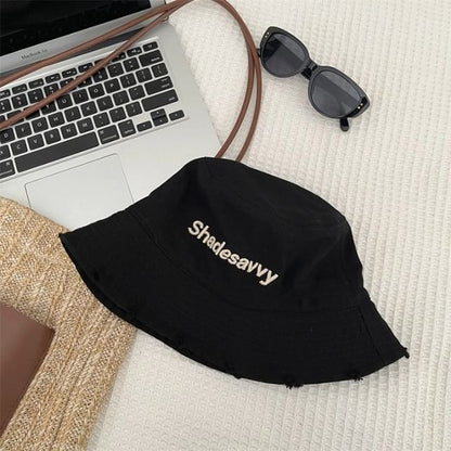 Lettering Embroidered Distressed Bucket Hat