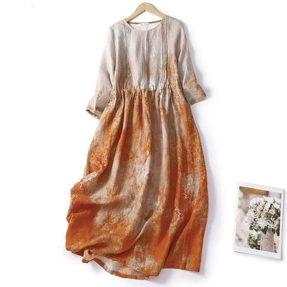 Puff-Sleeve Tie-Dyed Midi A-Line Dress