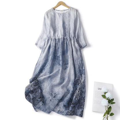 Puff-Sleeve Tie-Dyed Midi A-Line Dress