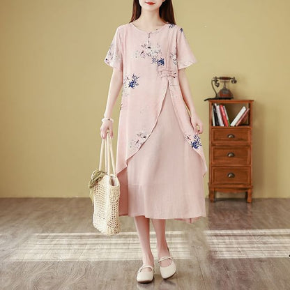 Short-Sleeve Floral Print Frog Buttoned Slit Midi A-Line Dress