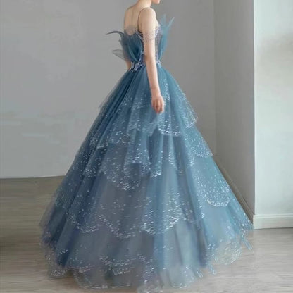 Spaghetti Strap V-Neck Floral Applique Tiered Mesh A-Line Evening Gown