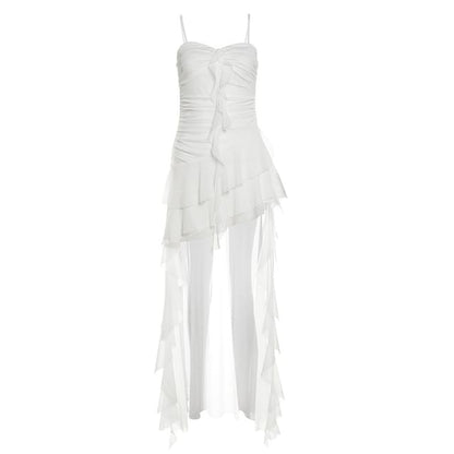Thin Strap Asymmetrical Ruffle-Trimmed Ruched Open Back High-Low A-Line Dress