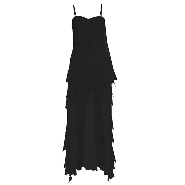 Thin Strap Asymmetrical Ruffle-Trimmed Ruched Open Back High-Low A-Line Dress