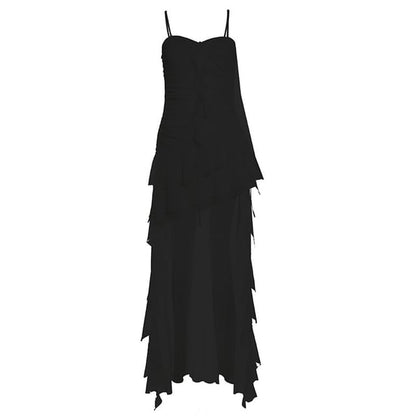 Thin Strap Asymmetrical Ruffle-Trimmed Ruched Open Back High-Low A-Line Dress