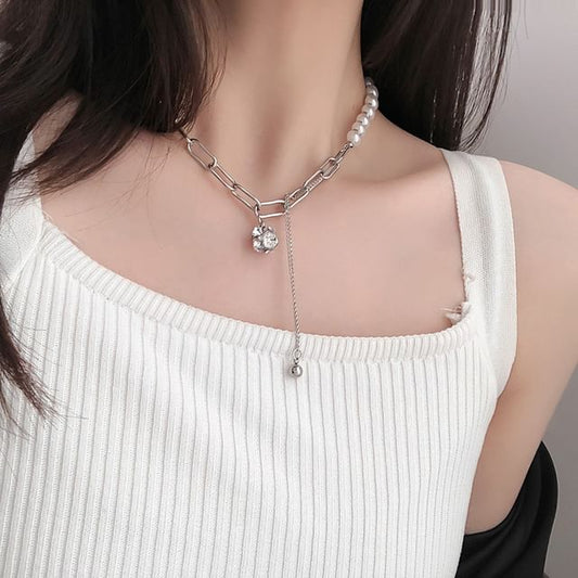 Rhinestone Faux Pearl Chain Necklace