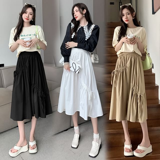 High Waist Plain Drawstring Midi A-Line Skirt