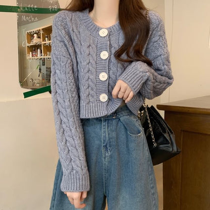 Plain Cable-Knit Cropped Cardigan