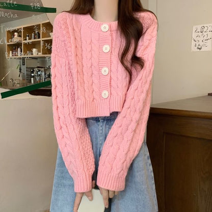 Plain Cable-Knit Cropped Cardigan