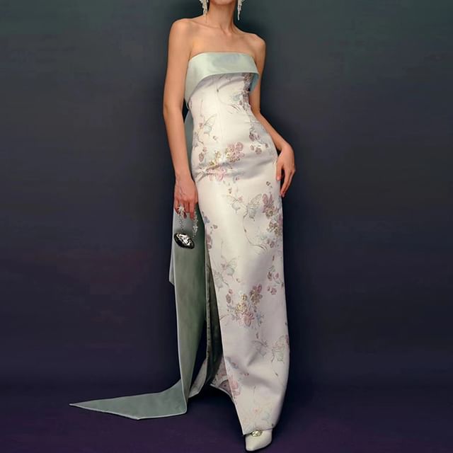 Strapless Floral Print Bow Back Slit Sheath Evening Gown