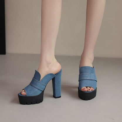 Chunky Heel Washed Denim Sandals