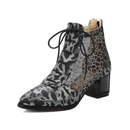 Chunky Heel Snake Skin Print Mesh Panel Lace