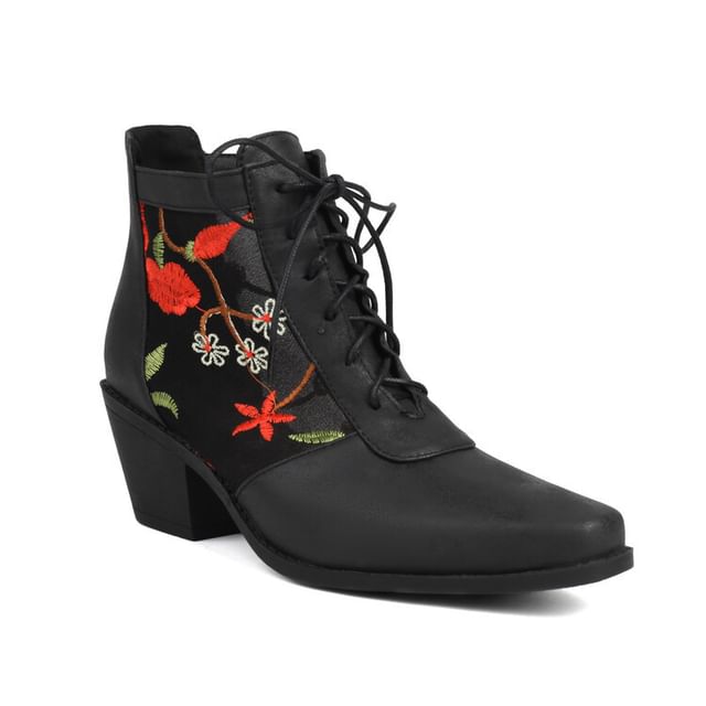 Chunky Heel Floral Embroidered Mesh Panel Lace