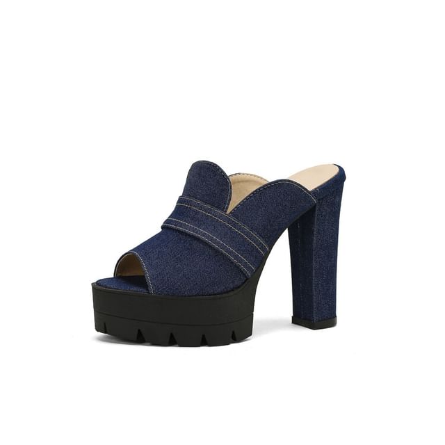 Chunky Heel Washed Denim Sandals