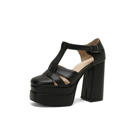 Chunky Heel Plain Buckled Faux Leather Sandals