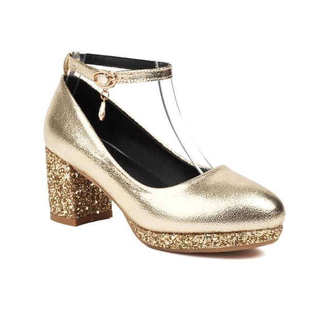 Chunky Heel Ankle Strap Sequin Pumps