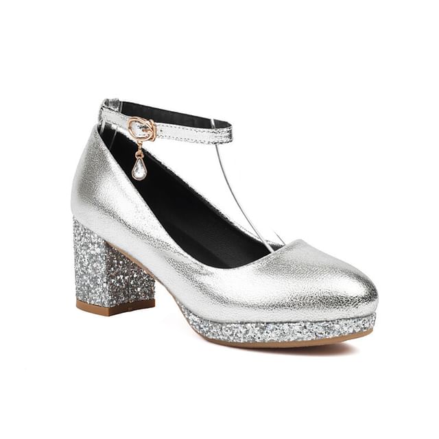 Chunky Heel Ankle Strap Sequin Pumps