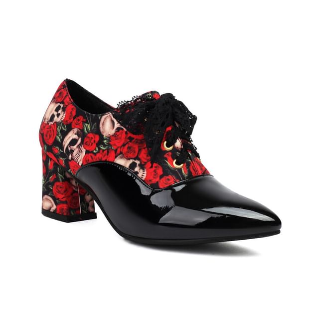 Chunky Heel Pointed Toe Print Panel Lace