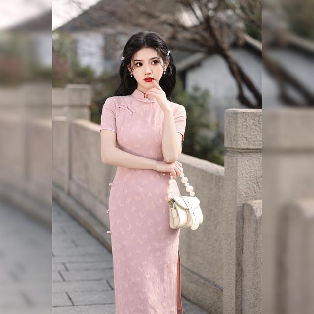 Short-Sleeve Stand Collar Frog Buttoned Plain Midi Qipao Dress