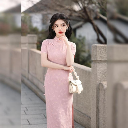 Short-Sleeve Stand Collar Frog Buttoned Plain Midi Qipao Dress