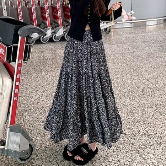 Elastic Waist Floral Midi A-Line Skirt