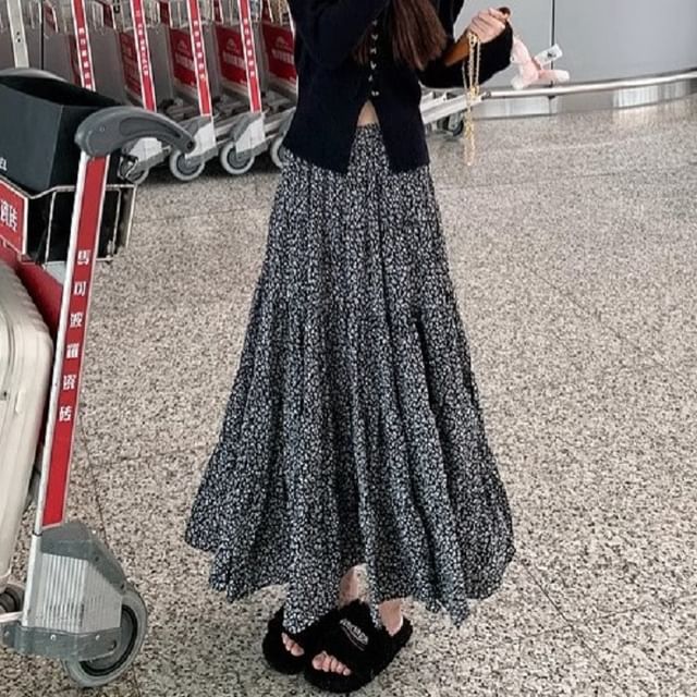 Elastic Waist Floral Midi A-Line Skirt