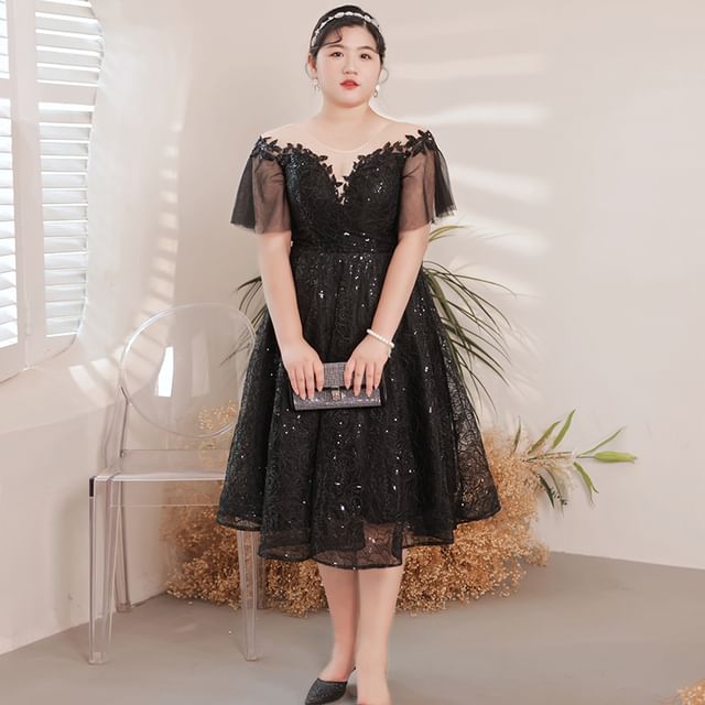 Plus Size Short-Sleeve Sequin Mesh Midi A-Line Evening Dress