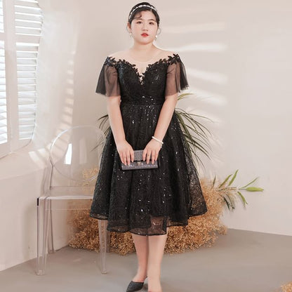 Plus Size Short-Sleeve Sequin Mesh Midi A-Line Evening Dress
