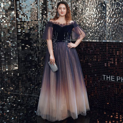 A-Line Sequin Plus Size Gown Gradient Short-Sleeve Off-Shoulder Evening
