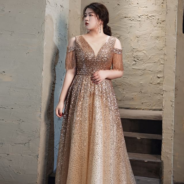 [3XL-7XL] Cold-Shoulder Sequin Fringed A-Line Evening Gown
