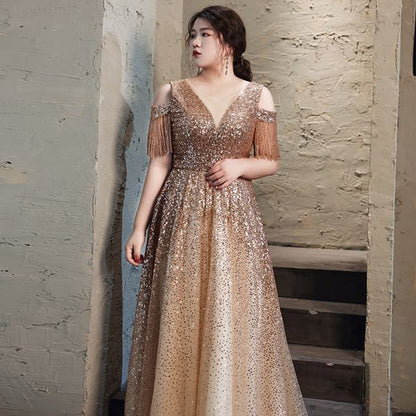 [3XL-7XL] Cold-Shoulder Sequin Fringed A-Line Evening Gown