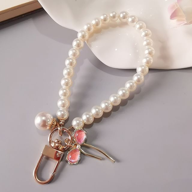 Bow Faux Pearl Phone Strap with Lanyard Pad