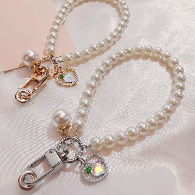 Peach Faux Pearl Phone Strap with Lanyard Pad