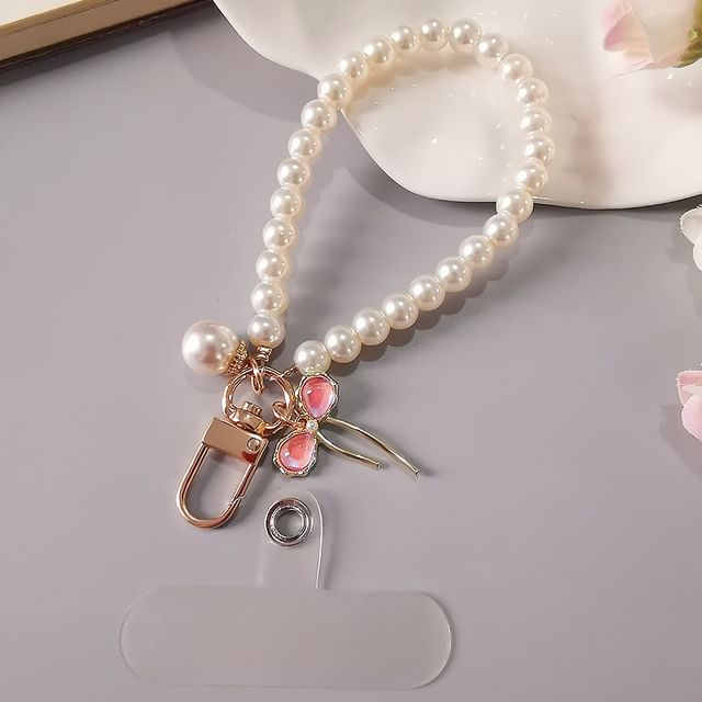 Bow Faux Pearl Phone Strap with Lanyard Pad