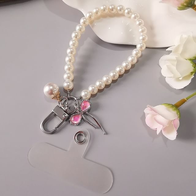 Bow Faux Pearl Phone Strap with Lanyard Pad