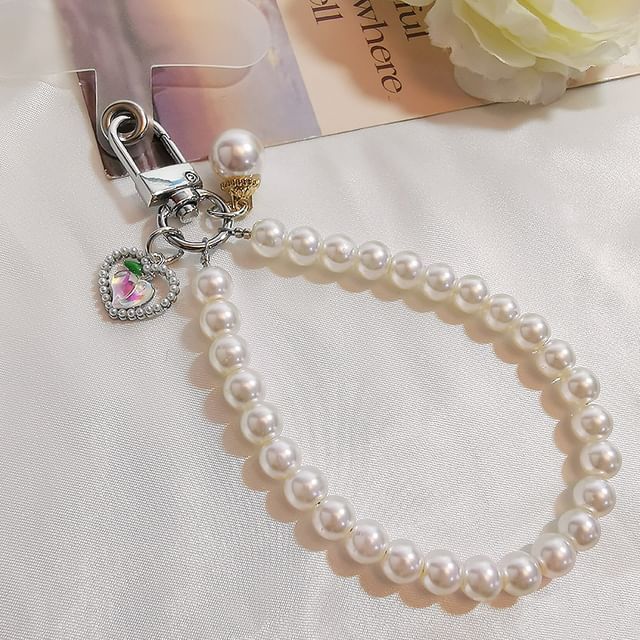 Peach Faux Pearl Phone Strap with Lanyard Pad