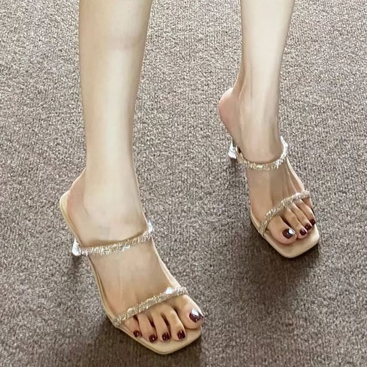 Rhinestone High Heel Slide Sandals
