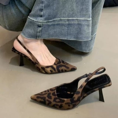 Pointed Toe Leopard Print High Heel Slingback Sandals